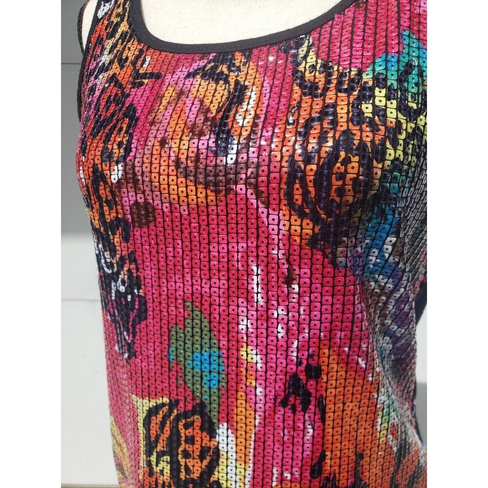 Peter Nygard Women's Sz Small Tank Top Floral Sequin Bold Neon Pink Stretch - Picture 2 of 9